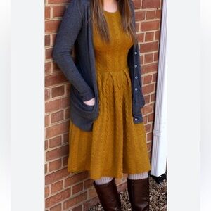 Anthropologie Far away from close womans Mustard Cable-Knit Fit & Flare Dress S